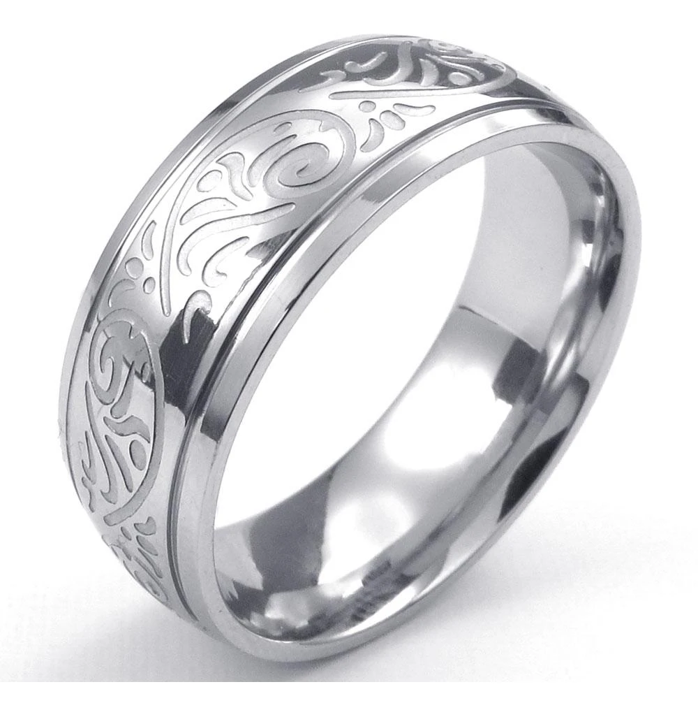 MensStainlessSteelRingEngravedFlorentineDesignCharm8mmBand