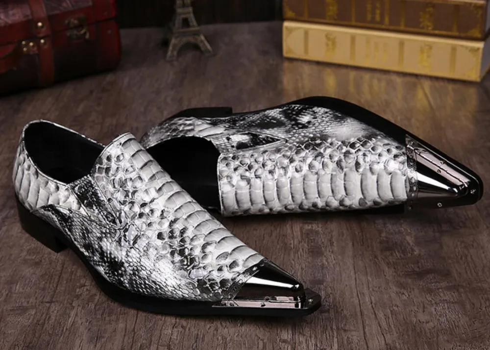

2018 italian genuine leather pointed toe metal tip gray python handmade men leather dress shoes fashion hairdresser shoes