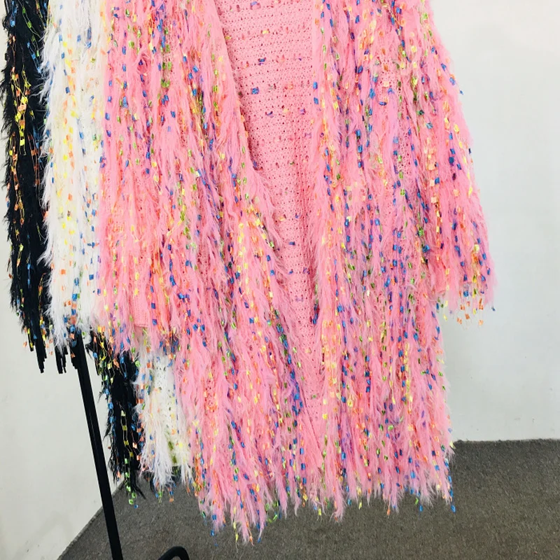 Lambs Sequins Tassels Knitted Sweater Long Jacket