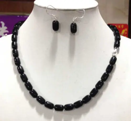 

New fashion 8X12MM columnar black agate necklace 18 "+ earrings