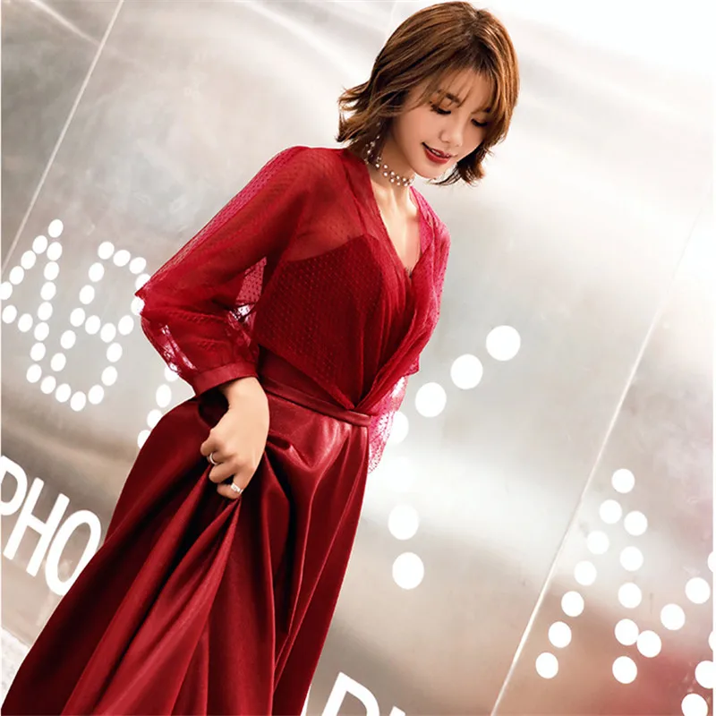 Это YiiYa вечернее платье винно-красное поддельное платье из двух частей с длинным рукавом и v-образным вырезом Вечерние платья LX1340 robe de soiree