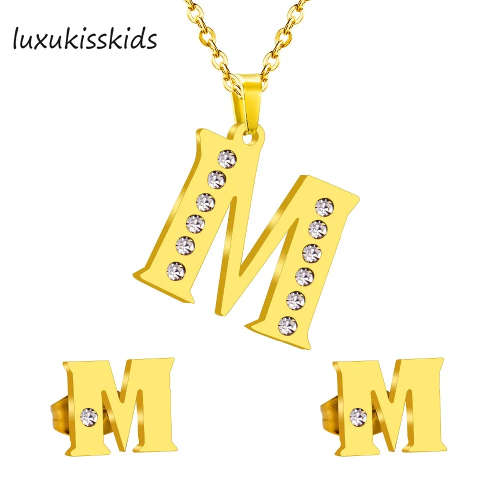 

LUXUKISSKIDS Vintage Stainless Steel Initial Alphabet M Letter Jewelry Set Classic Style Bling Crystal Gold Necklace And Earring