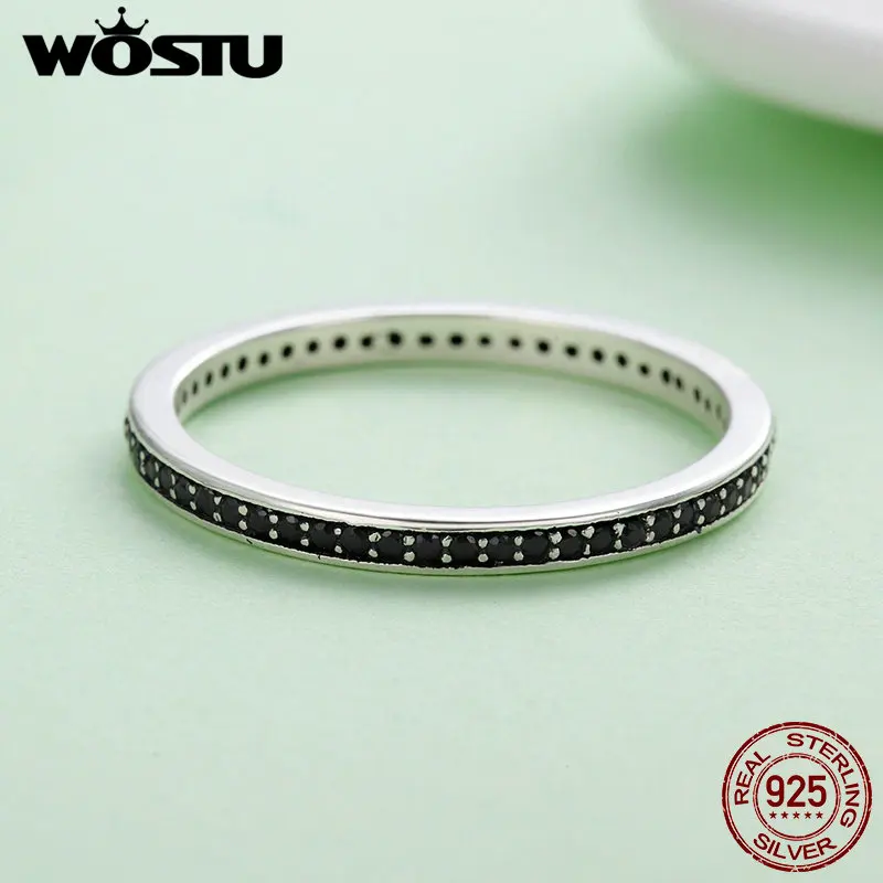 WOSTU Аутентичные кольца из стерлингового серебра 925 пробы с черным фианитом для