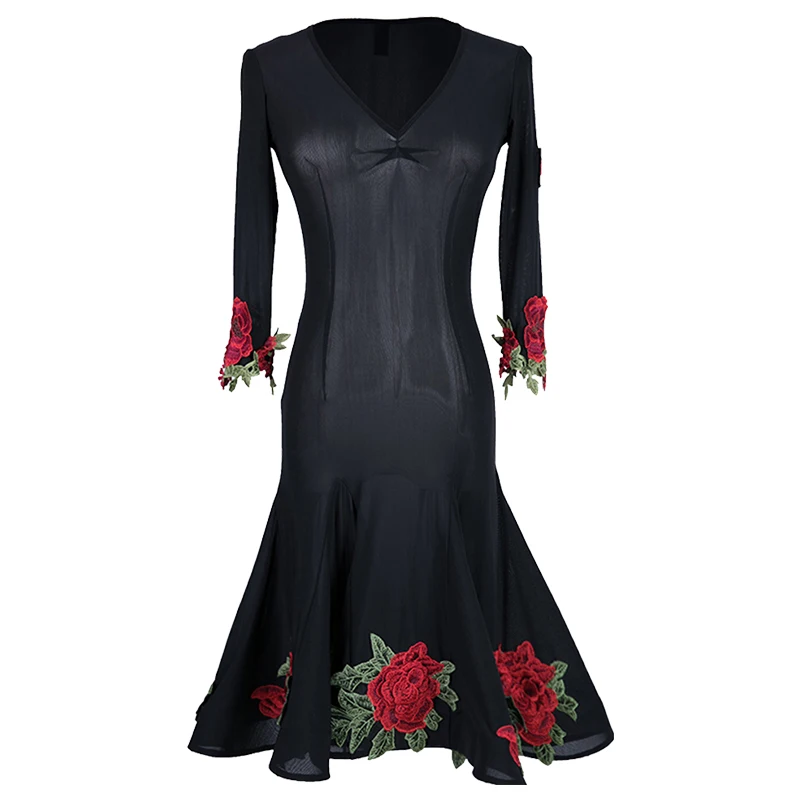 

Latin Dance Dress Adult Black Red Flower Embroidery Women Latin Dance Competition Dresses Chacha Salsa Performance Wear DNV11165