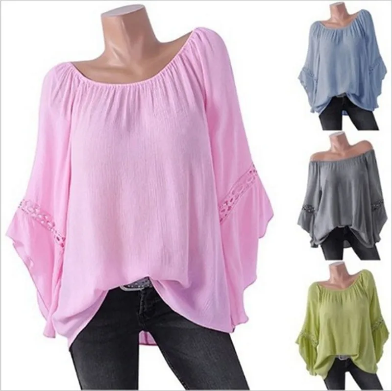  Large size Women's Blouse 2019 Europe and large size bat sleeve loose shirt solid color chiffon shi