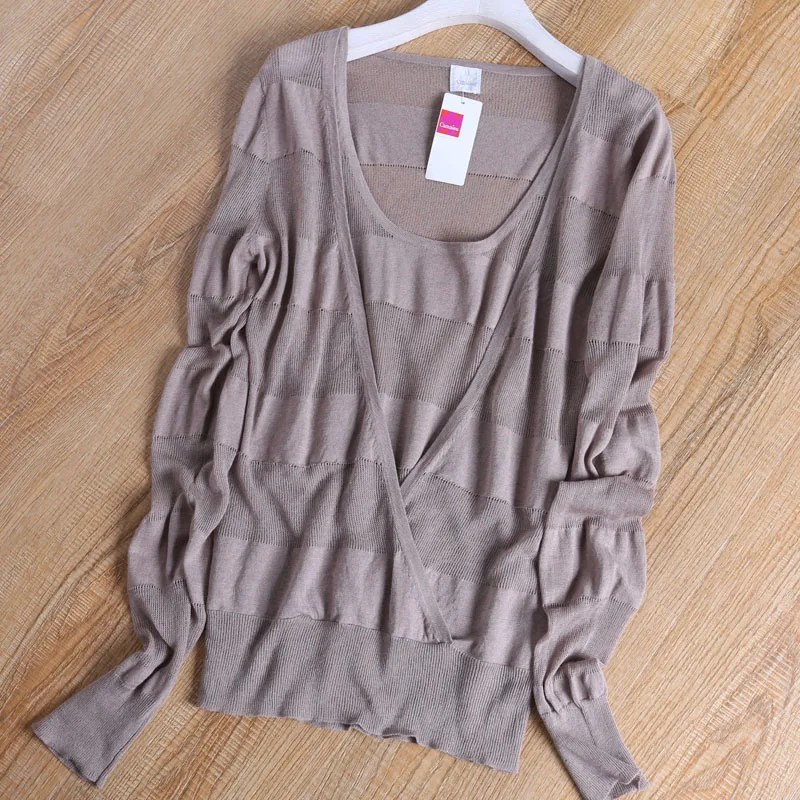 

Women Cotton Sweater Hollow-out Fake Two-piece Long Sleeve Linen Pullover Autumn Spring Thin Knitted Outwear Elastic Sweater