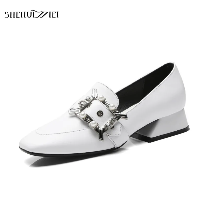 

SHEHUIMEI Women Loafers Buckle String Bead Square Toe Slip-On Genuine Leather Flats Ladies Sheepskin Basic Shoes Handmade 2018