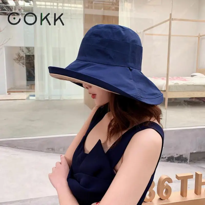 

COKK Women Summer Sun Hat Cotton Cap Chapeu Feminino Bucket Hat Female Lady Large Brim Fashion Beach Sun Hat Foldable 2019 New