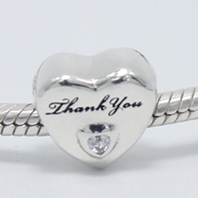 

ROCKART Pure 925 Sterling Silver Thank You Charm With CZ Fits European Bangles & Bracelets Fine Jewelry Heart Shape Beads DIY