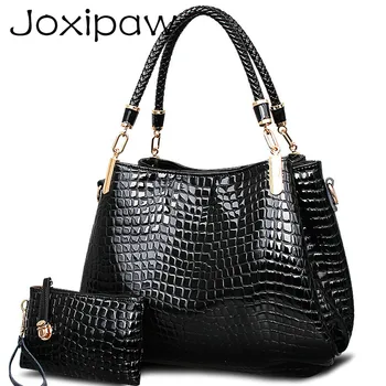 

2018 big capacity black white shoulder bags crocodile borse women totes lady handbag+purse/wallet carteras mujer kit 2 bags/set