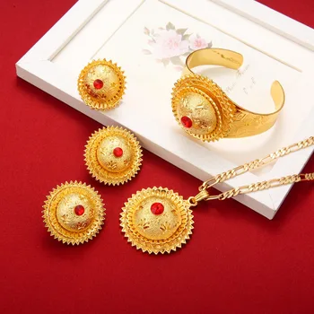 

Gold Color Ethiopian Necklace Pendant Earring Ring Bangle Sets With Bule Green Red Stone
