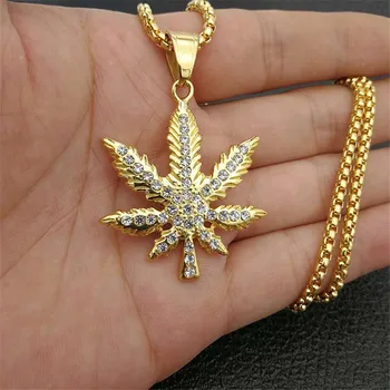 

Hip Hop Chain For Men Hemp Leaf Statement Pendant Necklaces Gold Color Stainless Steel Iced Out Hippie Kpop Jewelry XL1150