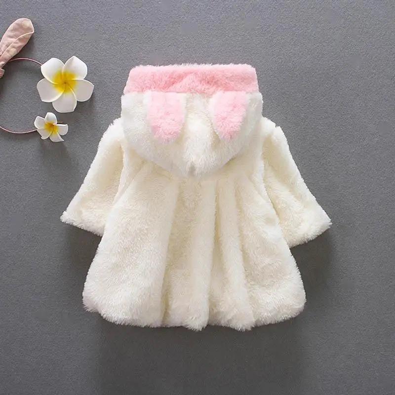 Осенние Зимние очаровательные шерстяные кроличье ухо пальто с капюшоном для маленьких девочек теплая куртка Зимние костюмы, верхняя одежда