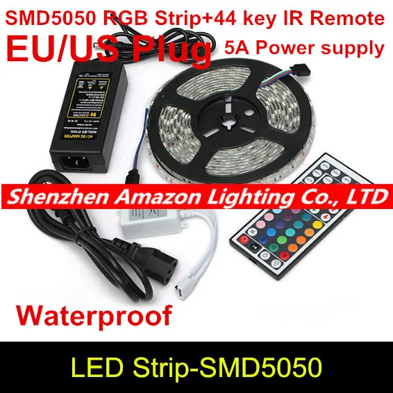 buy Waterproof 5050 RGB LED Strip 5M 300 Led SMD 44 Keys IR Remote Controller 12V 5A Power Adapter Flexible Light Free Shipping