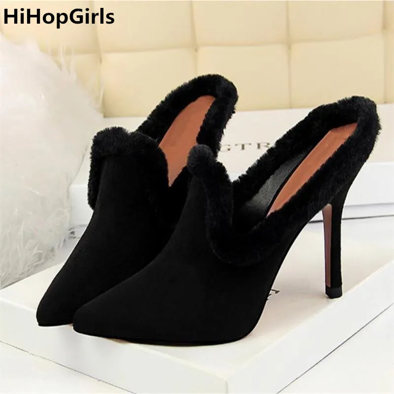 

HiHopGirls Spring Autumn New Women High Heels Velvet Bread Head Hollow Half Slippers Woman Fashion Comfortable Party High Heels