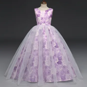 

Romantic Purple Flower Girl Dresses Elegant Rose Flower Printing Lace Tulle Rincess Dress Formals For Girls Communion Dresses