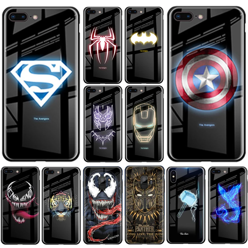 Luxury Batman Marvel Luminous Tempered Glass Cases For iPhone XS MAX XR 8 7 6 6s Plus X Samsung S8 S9 S10 Plus Note8 Note9 Cover