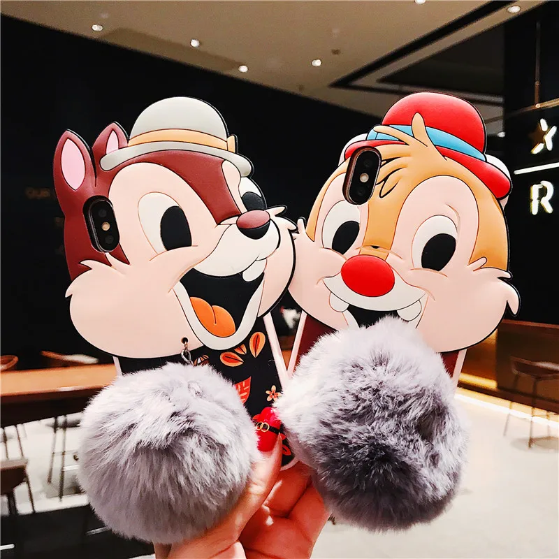 

Chipmunk Chip And Dale Squirrel Mouse Cute Soft TPU Silicone Phone Cover Case For iPhone XS Max XR X 6 6S 7 8 Plus case + pompon