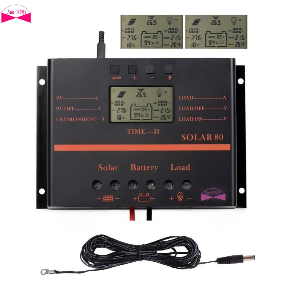 

Sun YOBA 80A 12V 24V LCD Solar Regulator Charge Controller & USB + 16ft Cable