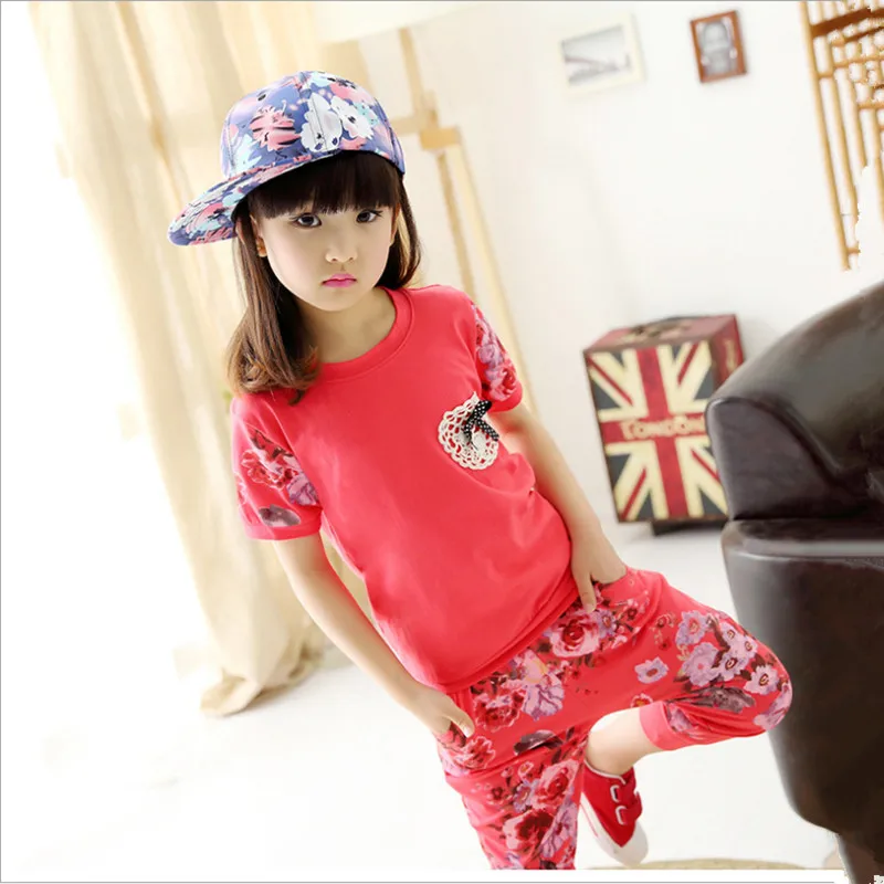 

2018 Girls Summer Clothing Set Casual O-neck Short Sleeve Printed Pullover Suits Two Pieces Set Children's Clothes 110-160
