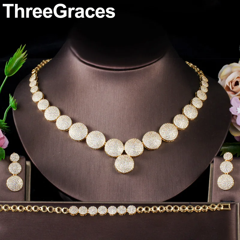 ThreeGraces блестящее кубическое ожерелье из циркона ожерелье браслет серьги Африканский Золотой Свадебный 3 шт Ювелирный Набор для свадебной вечеринки JS265