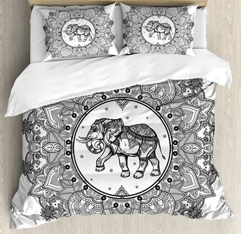 

Mandala Duvet Cover Set Paisley Mandala Motif with Elephant Inside Ideal Ethnic Strength Honor Symbol Bedding Set White Black
