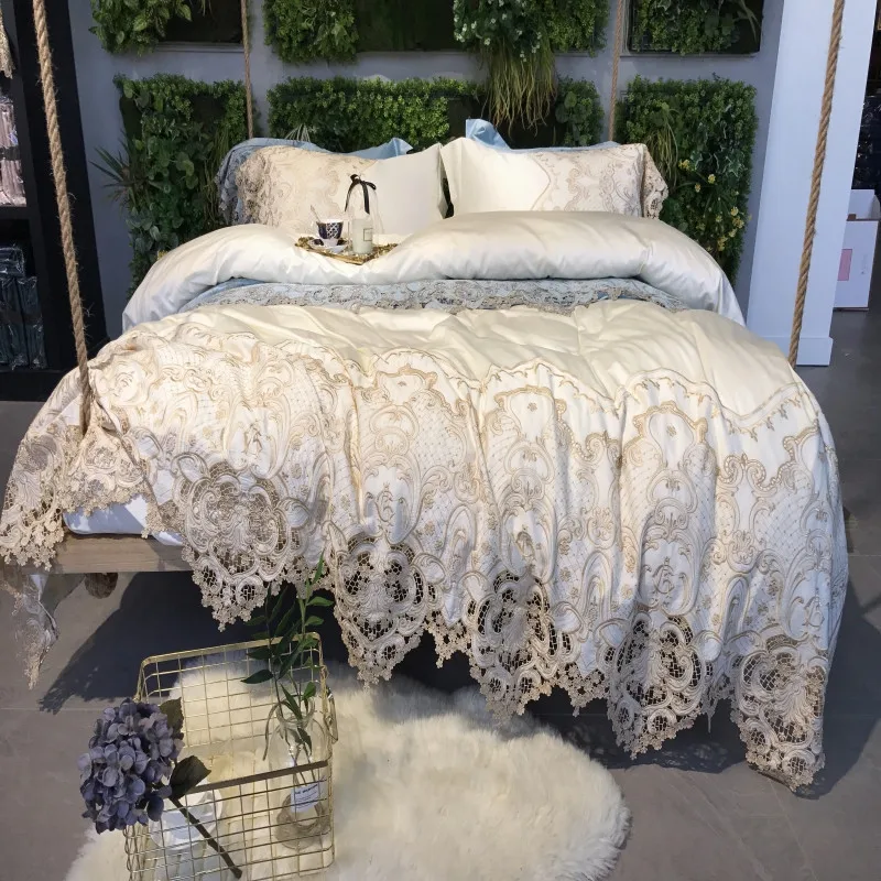 

100S Egyptian Cotton Luxury White Blue Pink Champagne Lace Embroidery Bedding Set Duvet Cover Bed Linen Bed sheet Pillowcases
