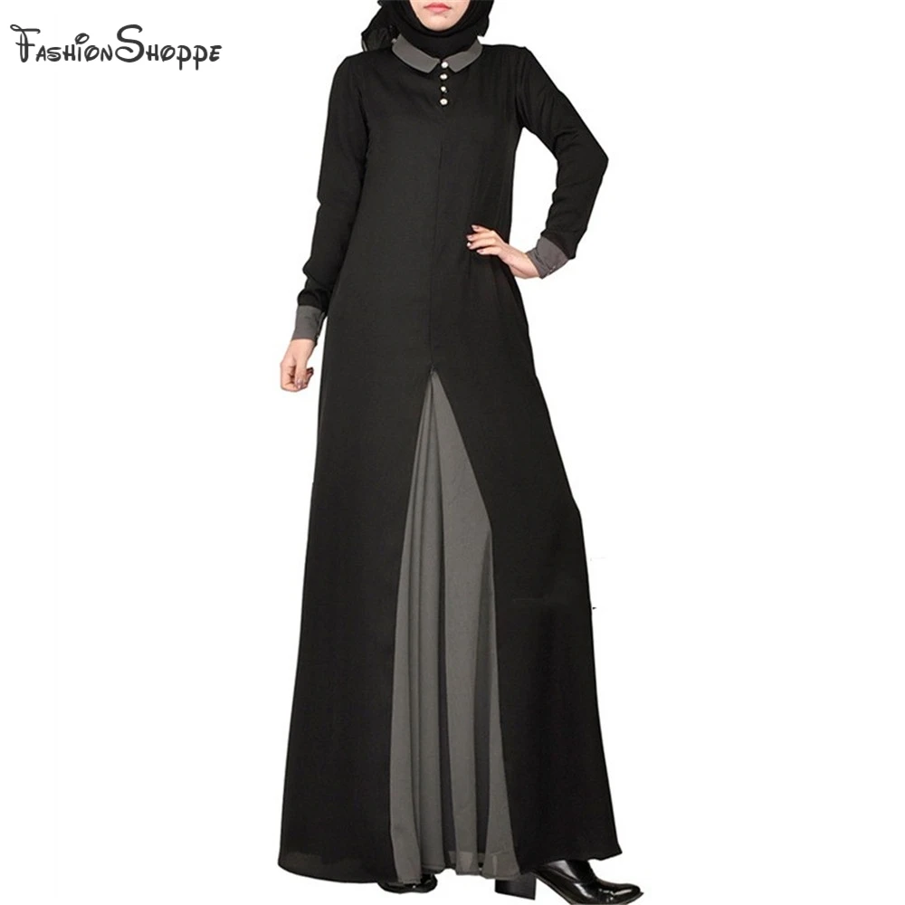 NEW Women Long Sleeve Evening Maxi Dress Color Block Muslim Chiffom Abaya Kaftan Islamic Jilbab Robe Dubai Gowns D967