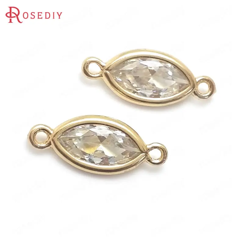

10PCS 14x5MM 16x7MM 24K Champagne Gold Color with White Zircon Brass 2 Holes Sharp Oval Connect Charms Pendants Diy Findings