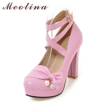 

Meotina Platform High Heels Women Shoes Ankle Strap Buckle Pumps 2018 Spring Pearls Bow Party Shoes Pink Purple Big Size 42 43