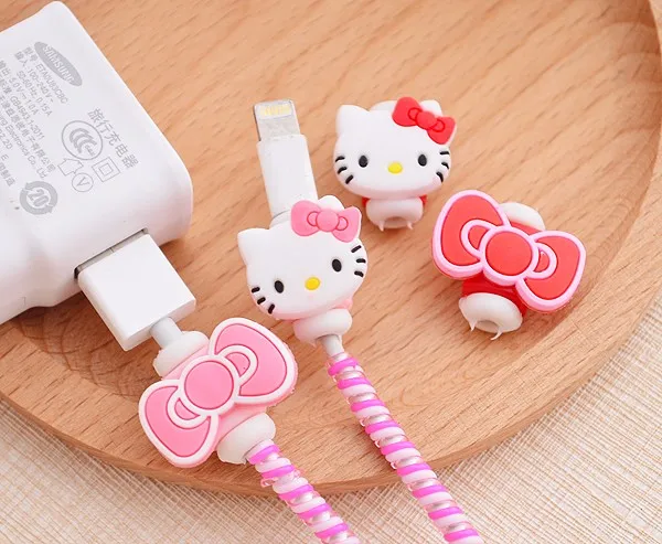 Kawaii Hello kitty USB кабель Защита для наушников. Мультяшный чехол для iPhone/5S 6/6s Android кабель передачи данных защитный рукав