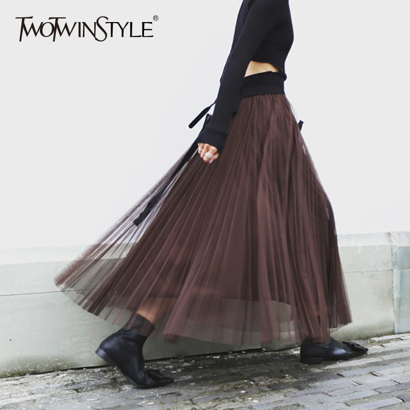 TWOTWINSTYLE, летняя длинная юбка в сеточку, женская Свободная юбка с эластичной резинкой на талии, большие размеры, повседневные женские юбки, модная новинка