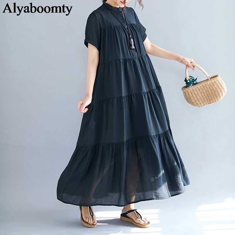 

Korean Style Summer Women Bohemian Long Dress Plus Size Yellow Black Loose Layered Ruffles Vestido Oversized Beach Tiered Dress
