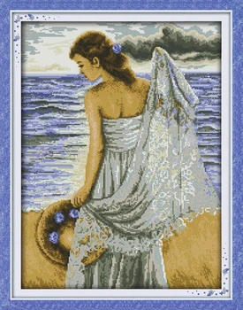 

Seaside girl Counted 11CT Print 14CT DMC Cross Stitch Set DIY Chinese Cotton Cross-stitch Kit Embroidery Needlework