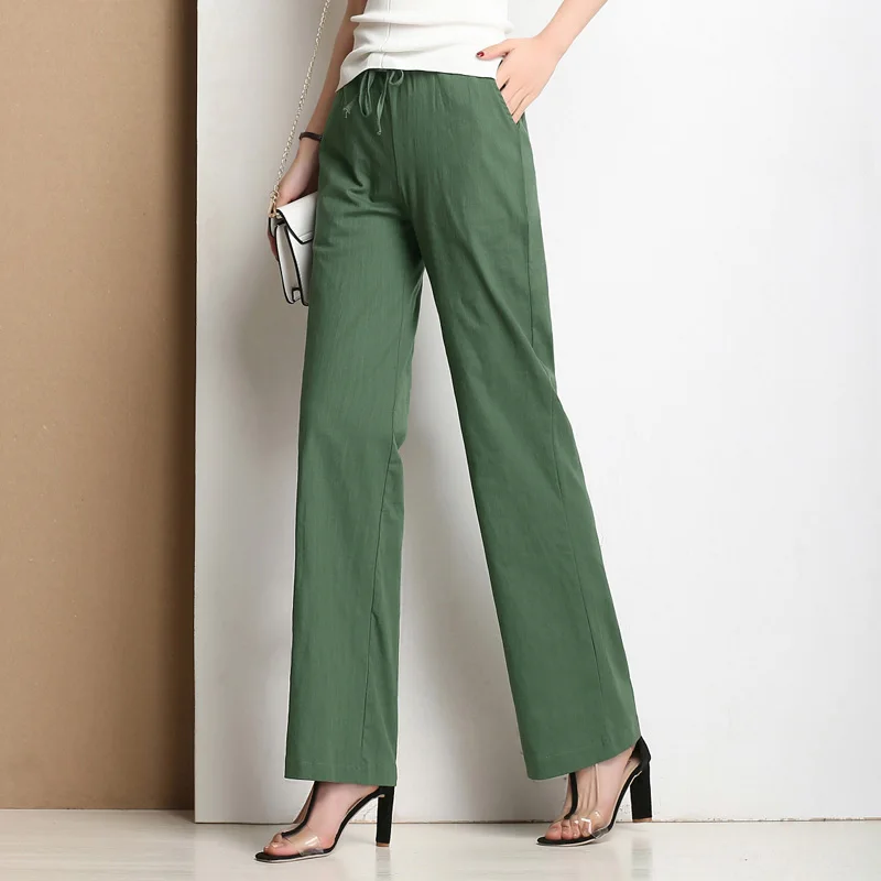 Women's Pants Wide Leg Linen Pants High Waist Tie Waist Ladies Trousers 2018 Summer OL Pants Long Culottes Pants Plus Size