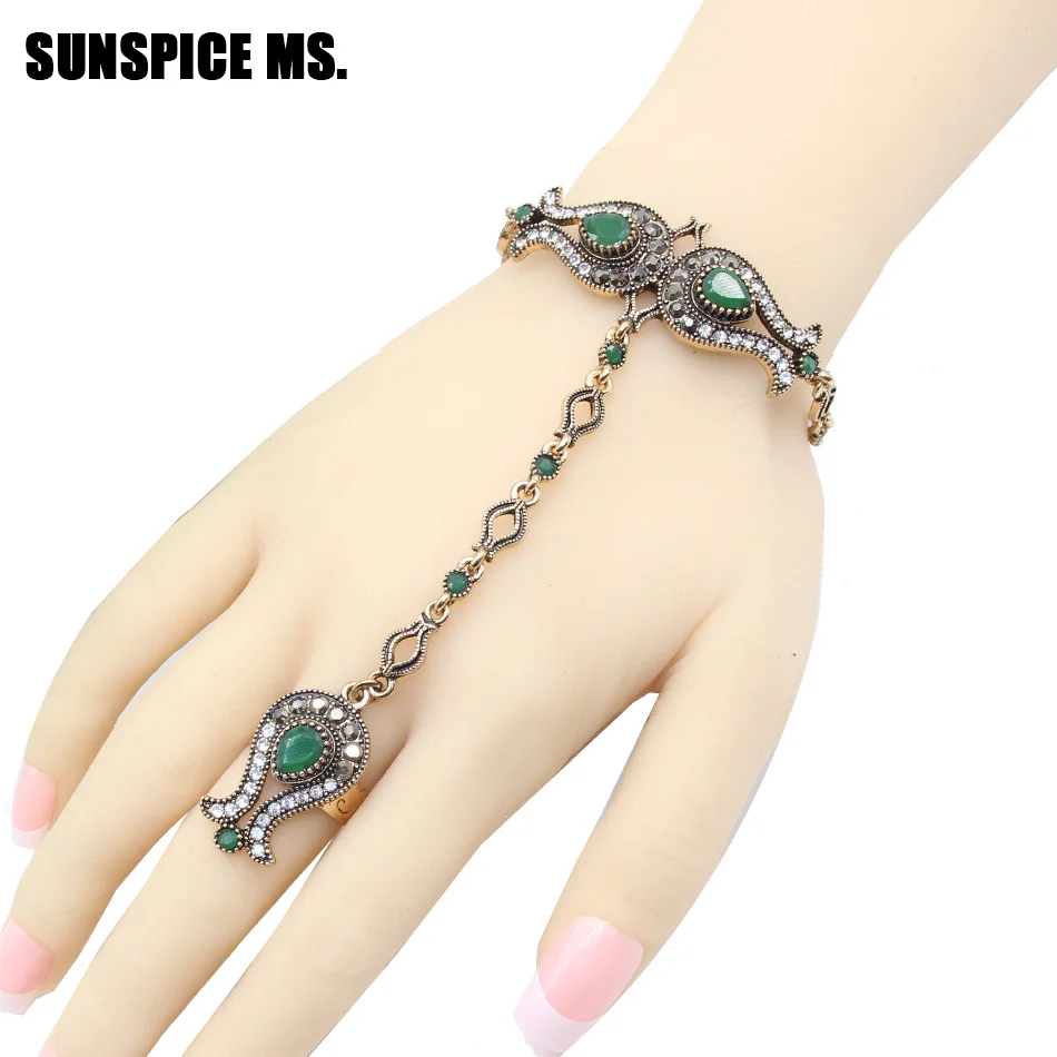 Sunspicems Turkish Women Tulips Charm Bracelet Link Ring Set Antique Gold Color Indian traditional bride jewelry Hand back Chain