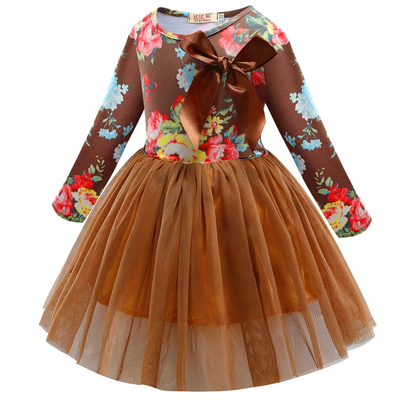 Платье-пачка принцессы в горошек с цветочным узором для маленьких девочек; повседневные платья с длинными рукавами; детская одежда из хлопка; сезон осень-весна; платье