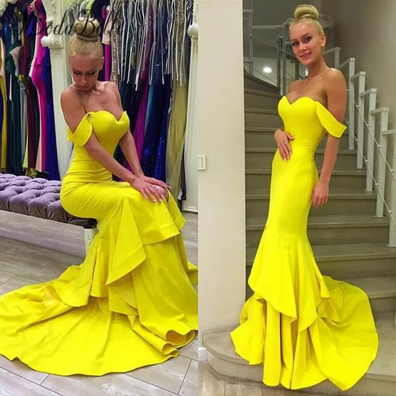 

2017 Yellow Off Shoulder Ruffles Mermaid Evening Dresses Custom Made Arabic Vestido De Festa Longo Prom Dress Party Gowns