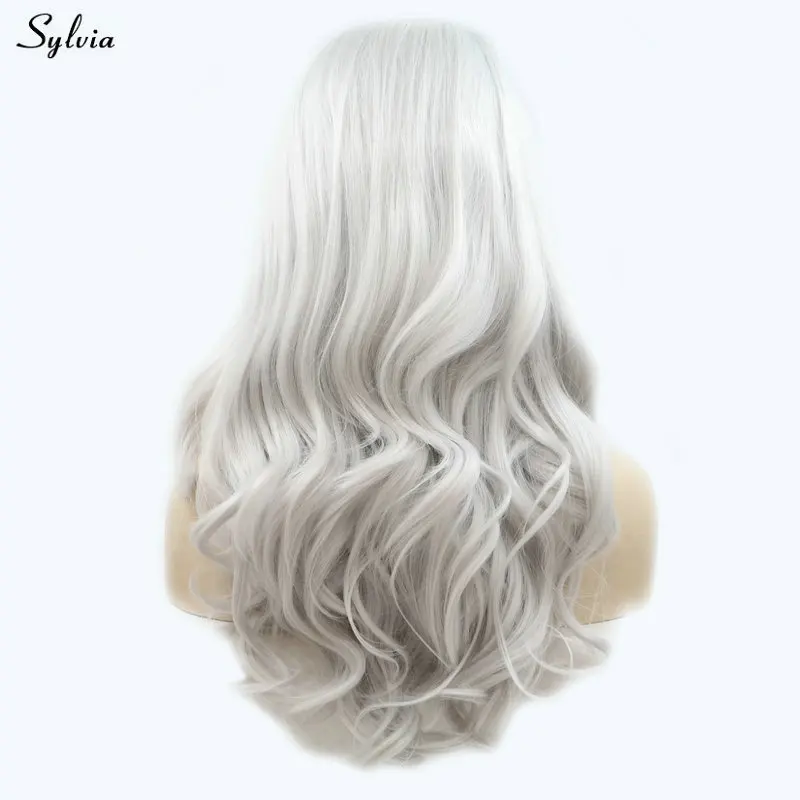 

Sylvia Natural Long Hair Synthetic Lace Front Wigs for Women Girls Replacement Platinum/Light Grey Wig Silver Gray Wig Body Wave