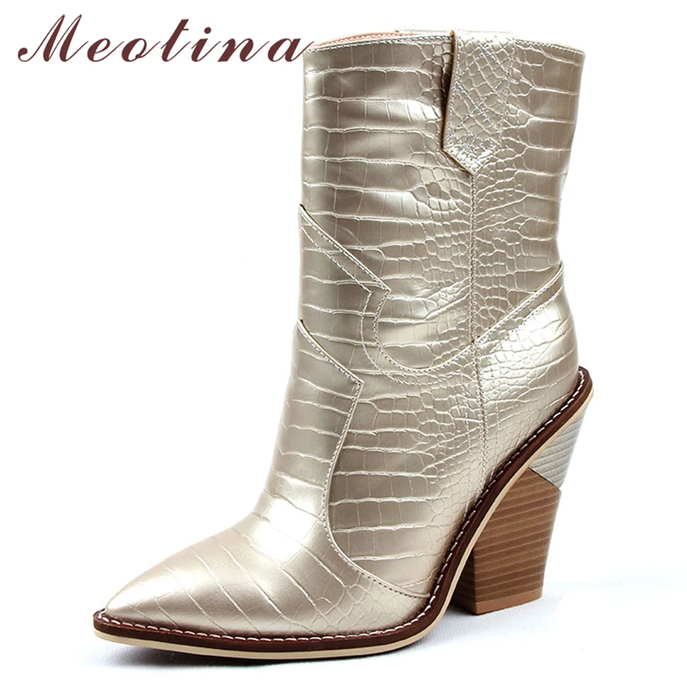 

Meotina Women Ankle Boots Winter Natural Genuine Leather Strange Style Heels Short Boots Super High Heel Lady Shoes Autumn 35-43