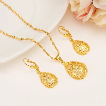 

Lovely Water D Pendant Necklace Earrings Set Petal 14 k Fine Yellow Gold Filled Trendy Party Jewelry Sets For Women Gift