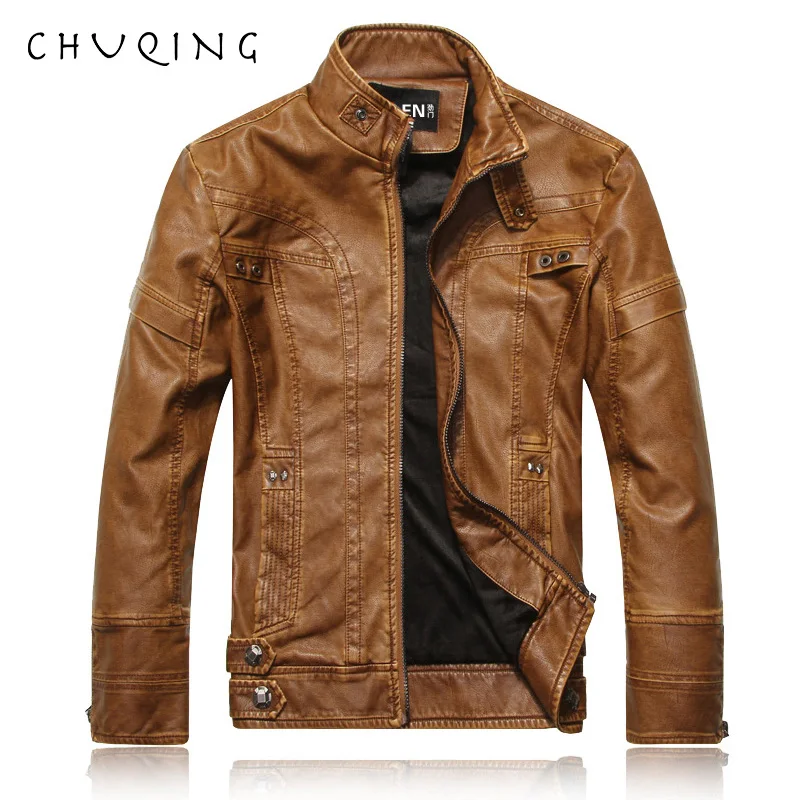 

CHUQING Men's Leather Autumn and Winter Plus Velvet Fashion Tide Leather Jacket Motorcycle Jacket Male