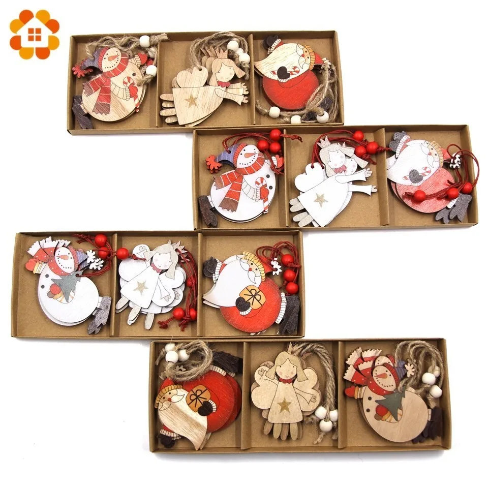 

High Quality!12PCS/Box Christmas Wooden Pendants Ornaments Wood Craft Christmas Party Decorations Christmas Tree Ornaments Gift
