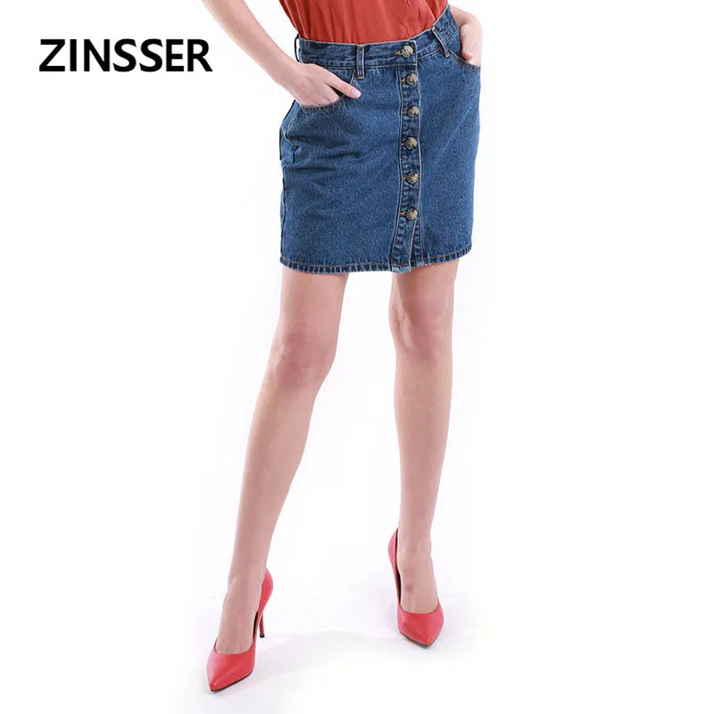 

Autumn Winter Women Denim Basic Skirt Bud Casual Front Button 100% Cotton Washed Blue Female Lady Skirt