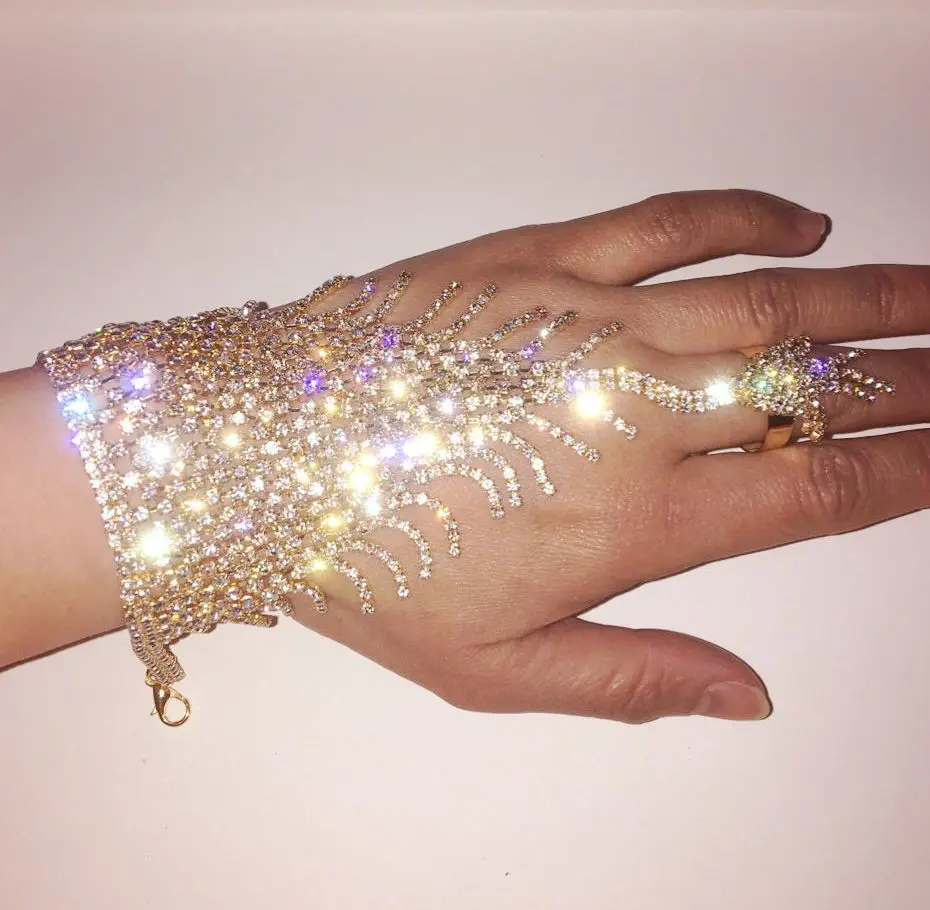 Серебряное кольцо-цепочка с кристаллами для невесты, браслет на запястье, стразы, украшение на руку, свадебное кольцо на манжете, набор золотых колец