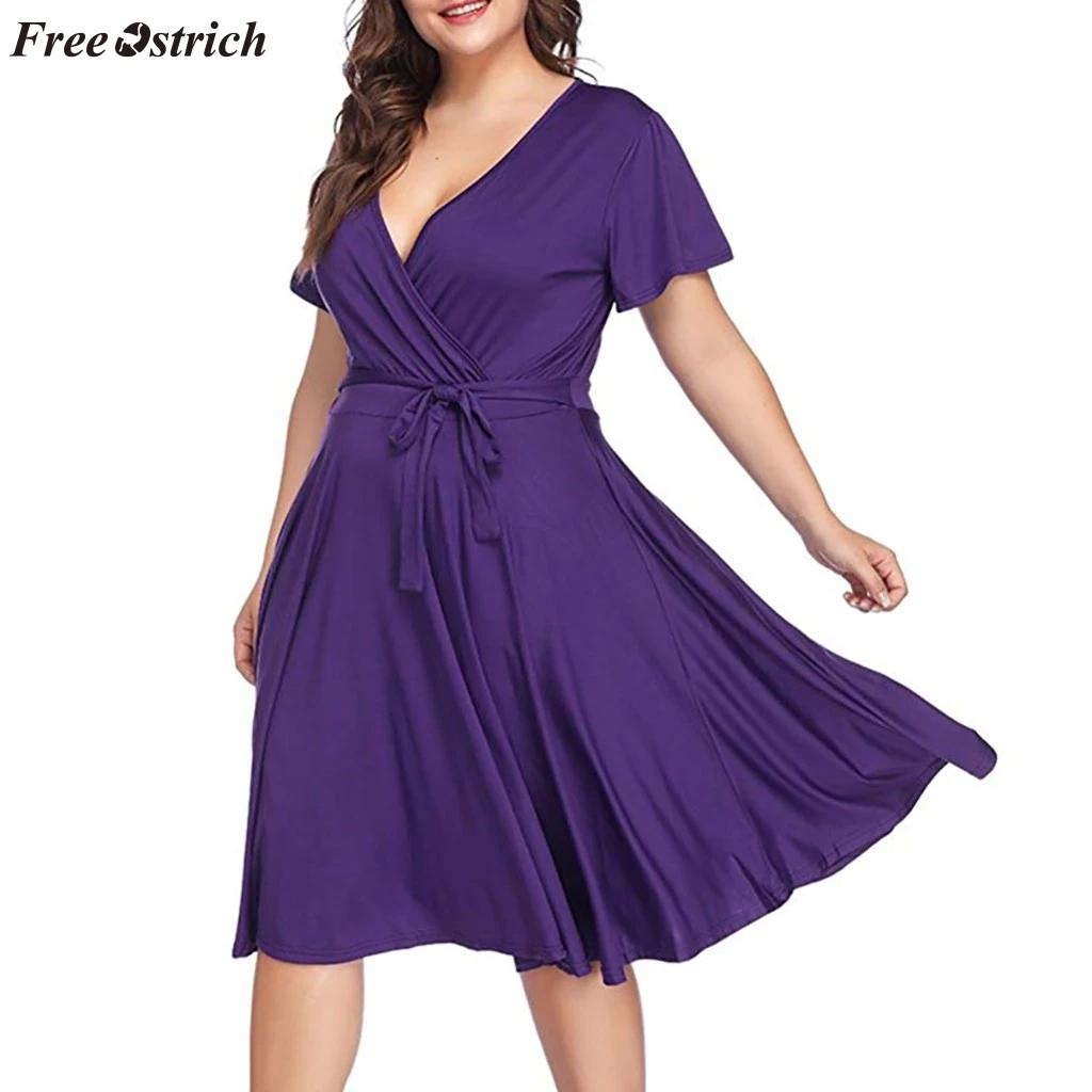 

FREE OSTRICH Large size dress ladies simple solid color casual V-neck bohemian short-sleeved summer casual belt large size dress