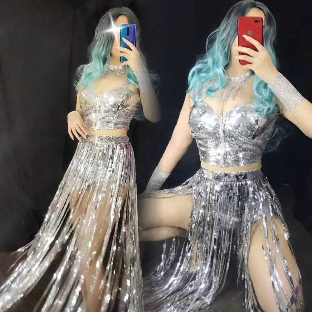

2019 Sparkly Silver Sequins Bra Fringes Short Dance Outfit Set Women Singer Dancer Wear Shining Stage Costume Birthday Party