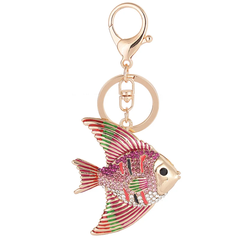 

Gold Plating Metal Alloy Keychains With Hand Enameled and Jeweled Pink Blue Champagne Color Tropical Fish Decor Hanging Pendants