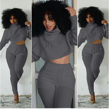 

Women Two Pieces Set Knit Fitted Crop Tops Casual Pant Suits Fashion Ladies Tracksuit Set