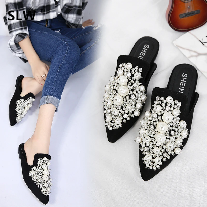 

Slides Jelly Flip Flops Loafers Shoes Flat Slippers Cover Toe Flock String Bead Mules Women Sliders Glitter Pointed 2019 PU